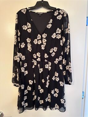 Express Black Floral Wrap-Front Long Sleeve Dress
